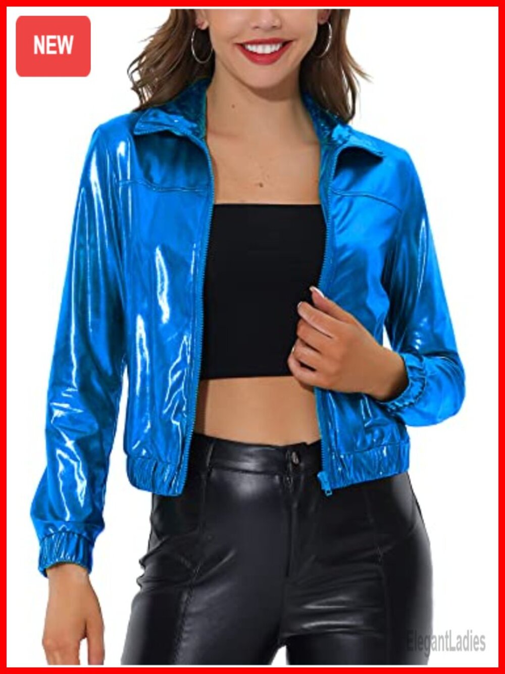 Metallic Holographic Shiny Long Sleeve Track Jacket Zip Front Slim Fit